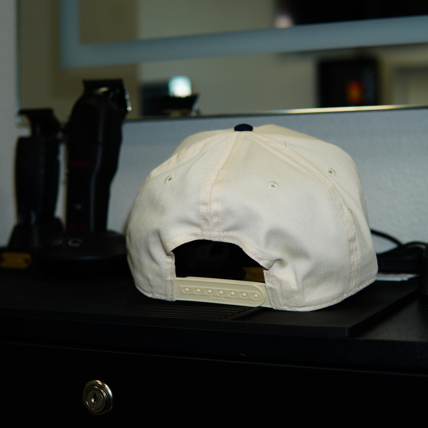 Smoove's Hair Gallery Barbershop Logo Cream/Navy Snapback Hat