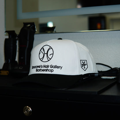 Smoove's Hair Gallery Barbershop Logo White Snapback Hat