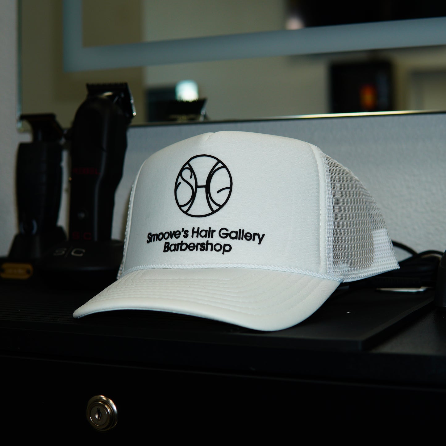 Smoove's Hair Gallery Barbershop Logo White Trucker Hat