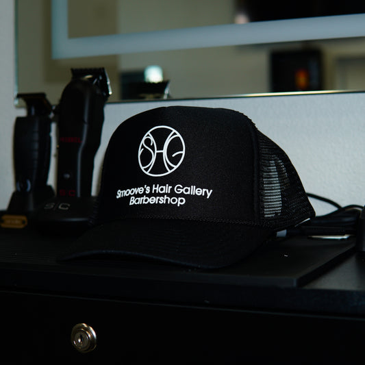 Smoove's Hair Gallery Barbershop Logo Black Trucker Hat